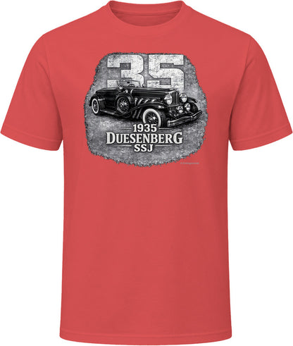  1935 Duesenberg SSJ retro automotive t-shirt in red with vintage distressed graphic