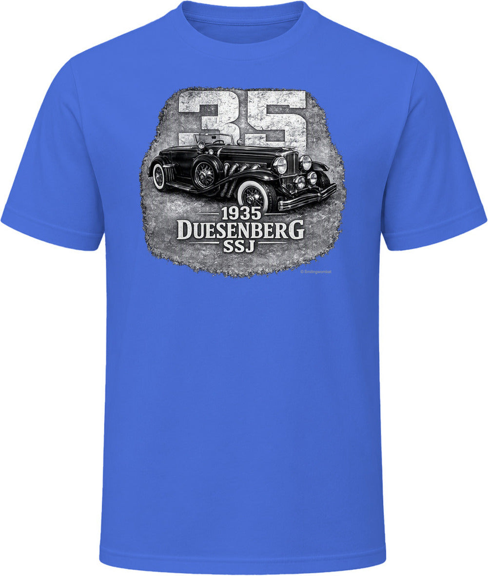 1935 Duesenberg SSJ classic car graphic t-shirt in royal blue with retro styling