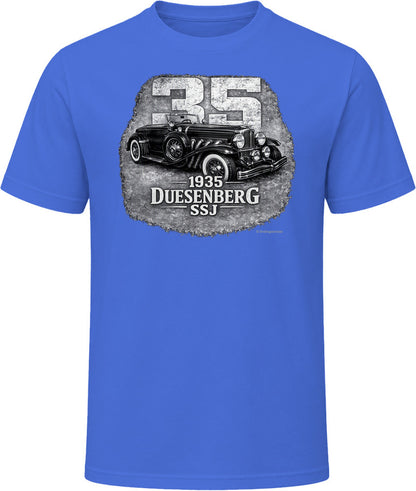 1935 Duesenberg SSJ classic car graphic t-shirt in royal blue with retro styling