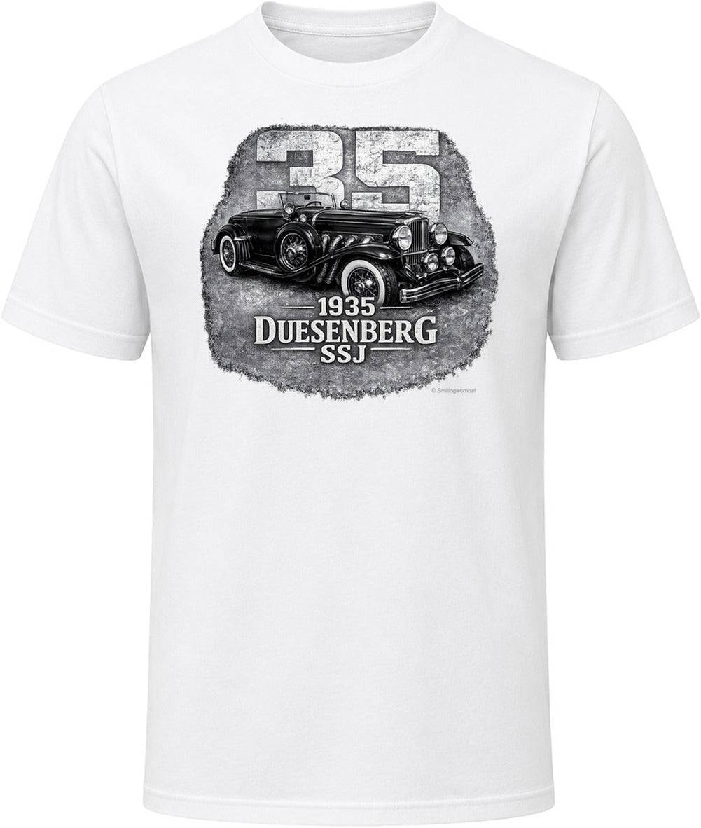 1935 Duesenberg SSJ classic car t-shirt in white with bold distressed artwork