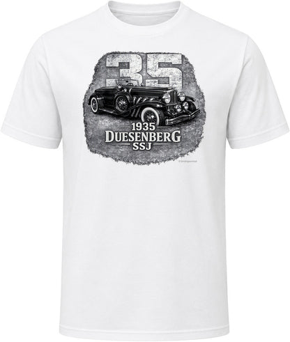 1935 Duesenberg SSJ classic car t-shirt in white with bold distressed artwork