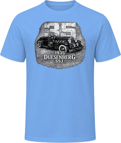 1935 Duesenberg SSJ retro car graphic t-shirt in light blue with vintage artwork