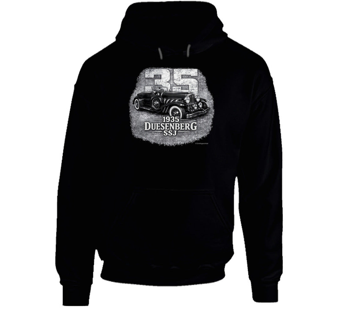 1935 Duesenberg SSJ vintage car graphic hoodie in black with distressed retro design