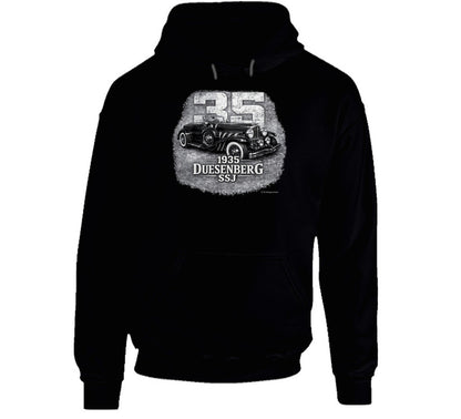 1935 Duesenberg SSJ vintage car graphic hoodie in black with distressed retro design