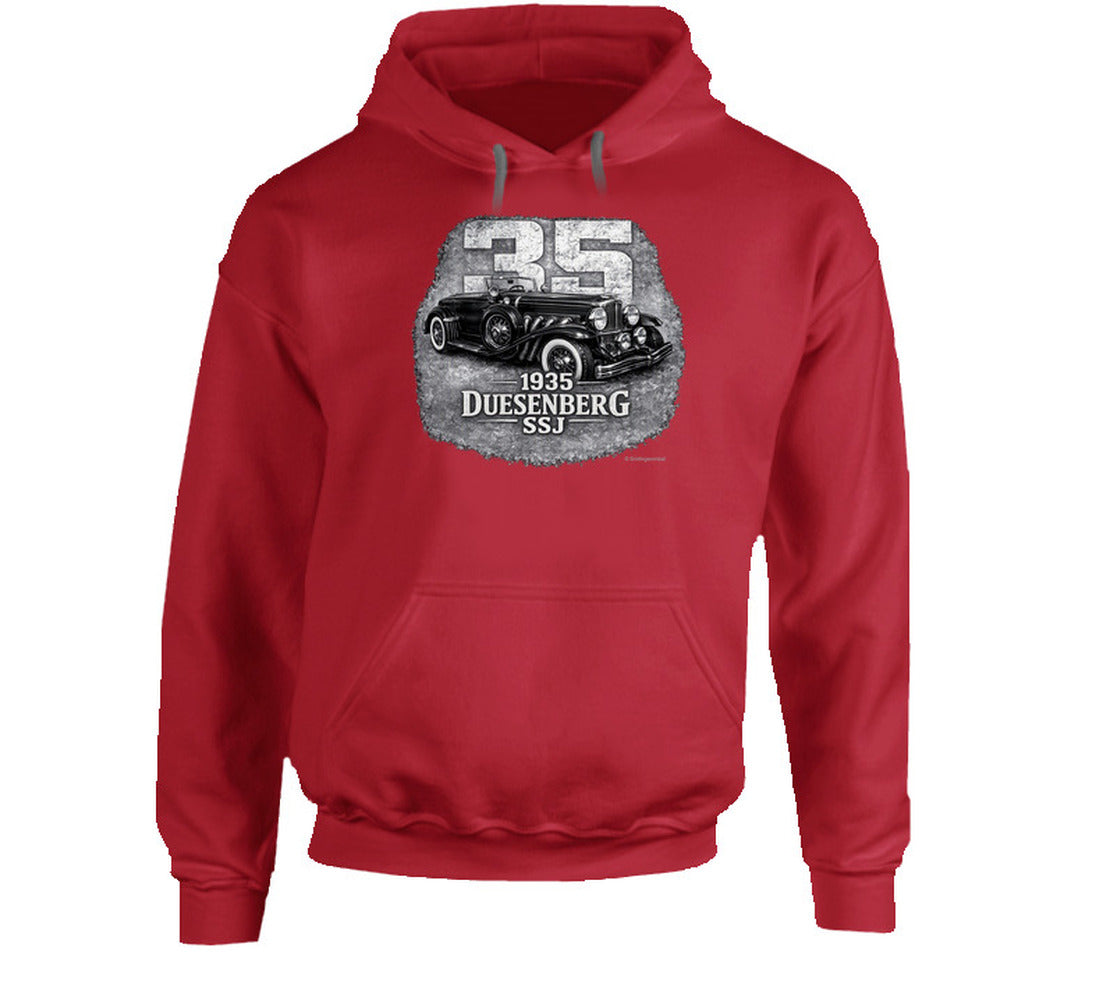 1935 Duesenberg SSJ retro automotive hoodie in red with vintage distressed graphic