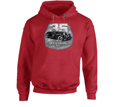 1935 Duesenberg SSJ retro automotive hoodie in red with vintage distressed graphic