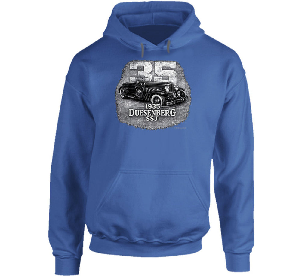 1935 Duesenberg SSJ classic car graphic hoodie in royal blue with retro styling