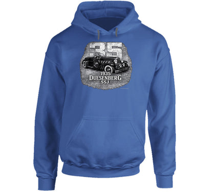 1935 Duesenberg SSJ classic car graphic hoodie in royal blue with retro styling