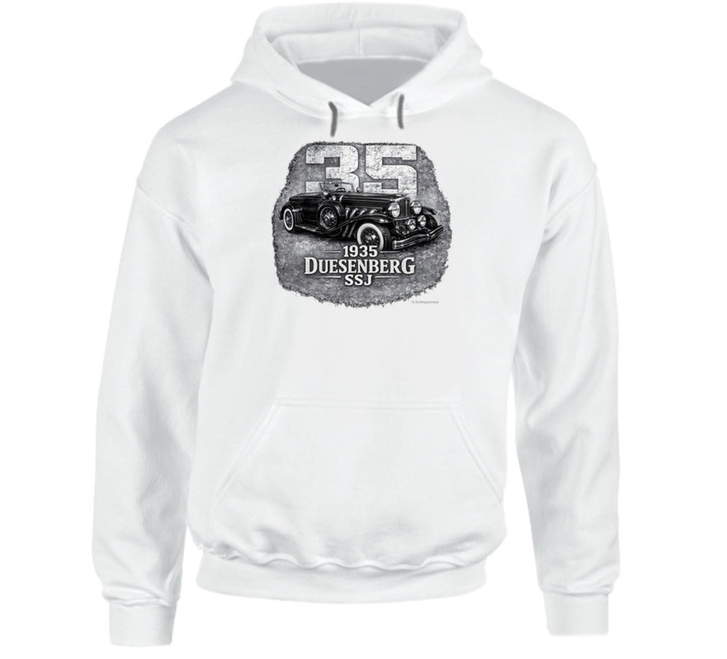1935 Duesenberg SSJ classic car hoodie in white with bold distressed artwork
