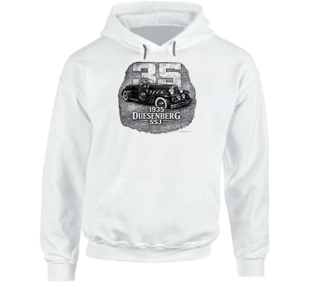 1935 Duesenberg SSJ classic car hoodie in white with bold distressed artwork
