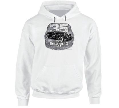 1935 Duesenberg SSJ classic car hoodie in white with bold distressed artwork