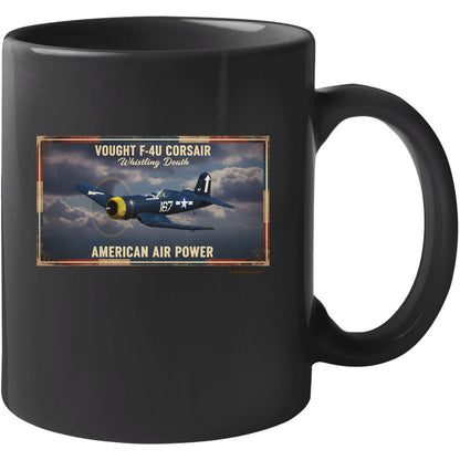  F-4U Corsair warbird black coffee mug with vintage distressed aviation art, 11oz and 15oz
