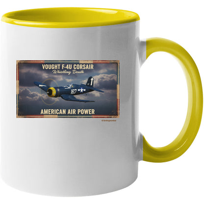  F-4U Corsair white and yellow accent mug, American Air Power Series, 11oz and 15oz