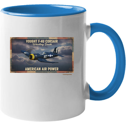 F-4U Corsair coffee mug white with light blue accent, WWII aviation design, 11oz and 15oz