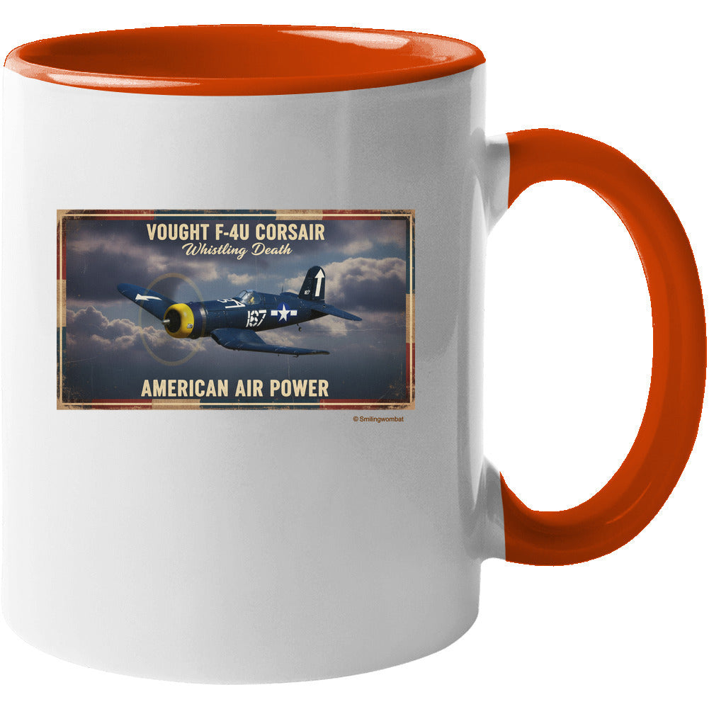F-4U Corsair white and orange accent coffee mug, distressed warbird design, 11oz and 15oz