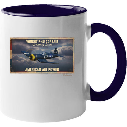  F-4U Corsair white and navy accent coffee mug, WWII fighter plane design, 11oz and 15oz