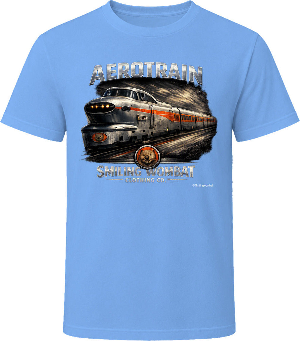 Aerotrain vintage railroad t-shirt in light blue – classic locomotive graphic