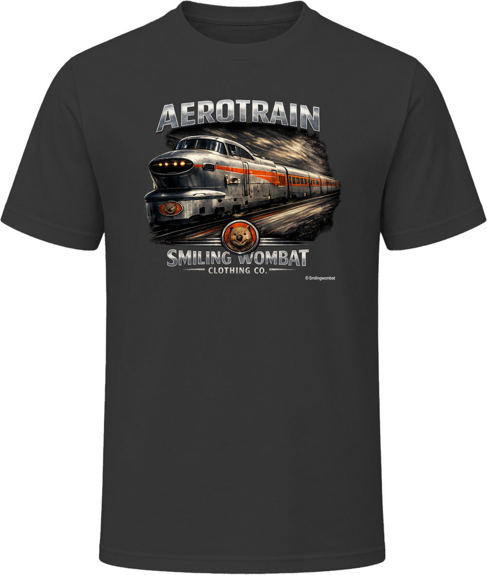 Aerotrain vintage railroad graphic t-shirt in black – distressed locomotive design