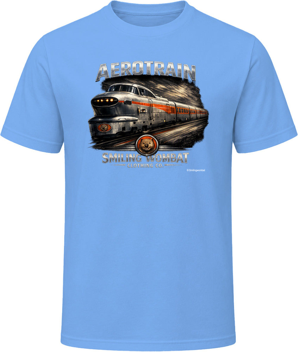 Aerotrain vintage railroad t-shirt in light blue – classic locomotive graphic