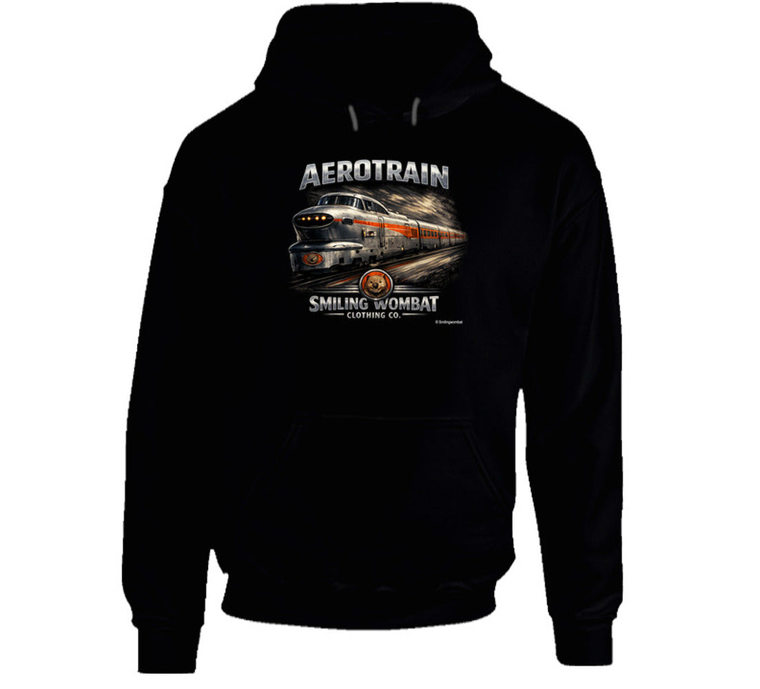 Aerotrain vintage railroad graphic hoodie in black – distressed locomotive artwork