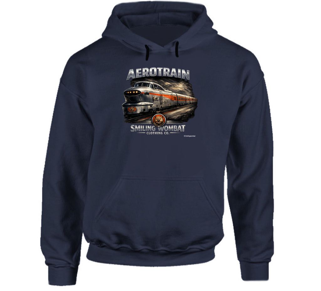 Aerotrain retro locomotive hoodie in navy – vintage railroad graphic design