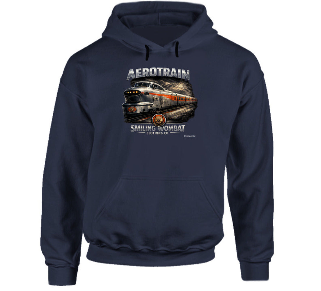 Aerotrain retro locomotive hoodie in navy – vintage railroad graphic design