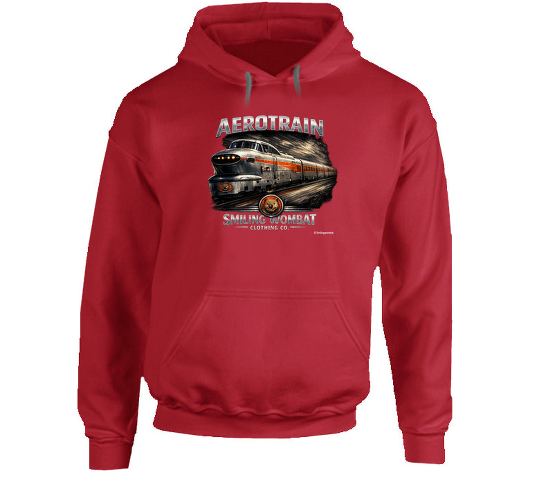 Aerotrain retro train hoodie in red – bold railroad graphic design