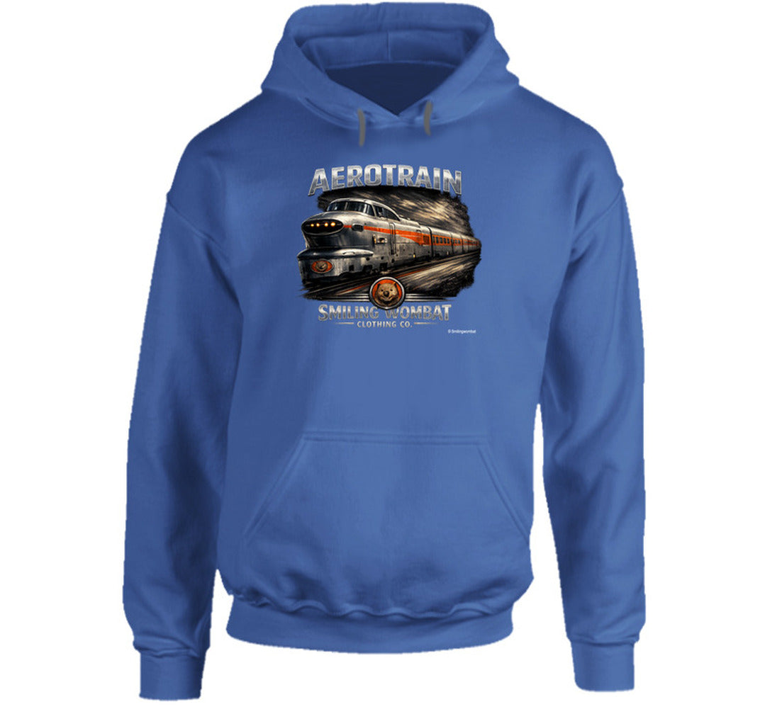 Aerotrain railroad graphic hoodie in royal blue – vintage distressed train design