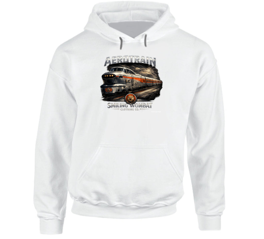 Aerotrain locomotive hoodie in white – retro railroad graphic tee style