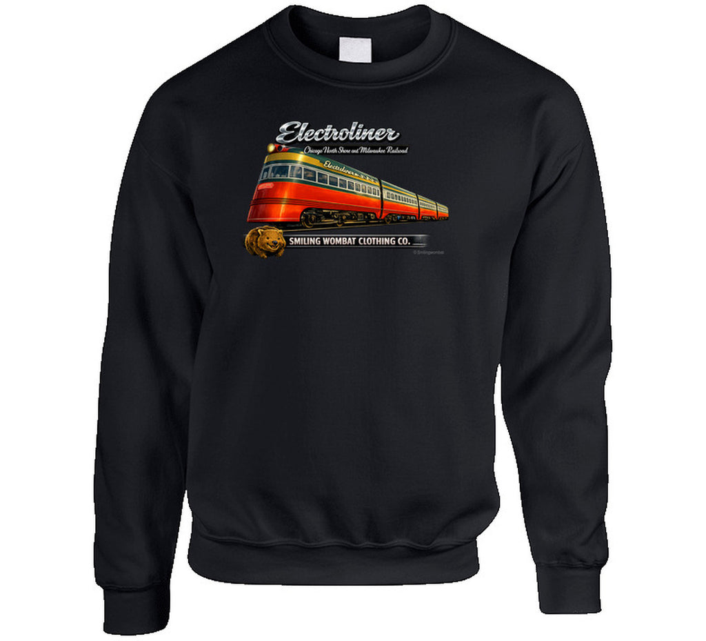 Electroliner vintage railroad graphic Sweat shirt in Black – Chicago North Shore Line retro design by Smiling Wombat Clothing Co
