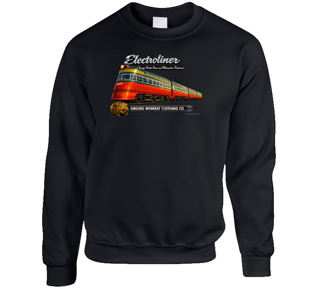 Electroliner vintage railroad graphic Sweat shirt in Black – Chicago North Shore Line retro design by Smiling Wombat Clothing Co