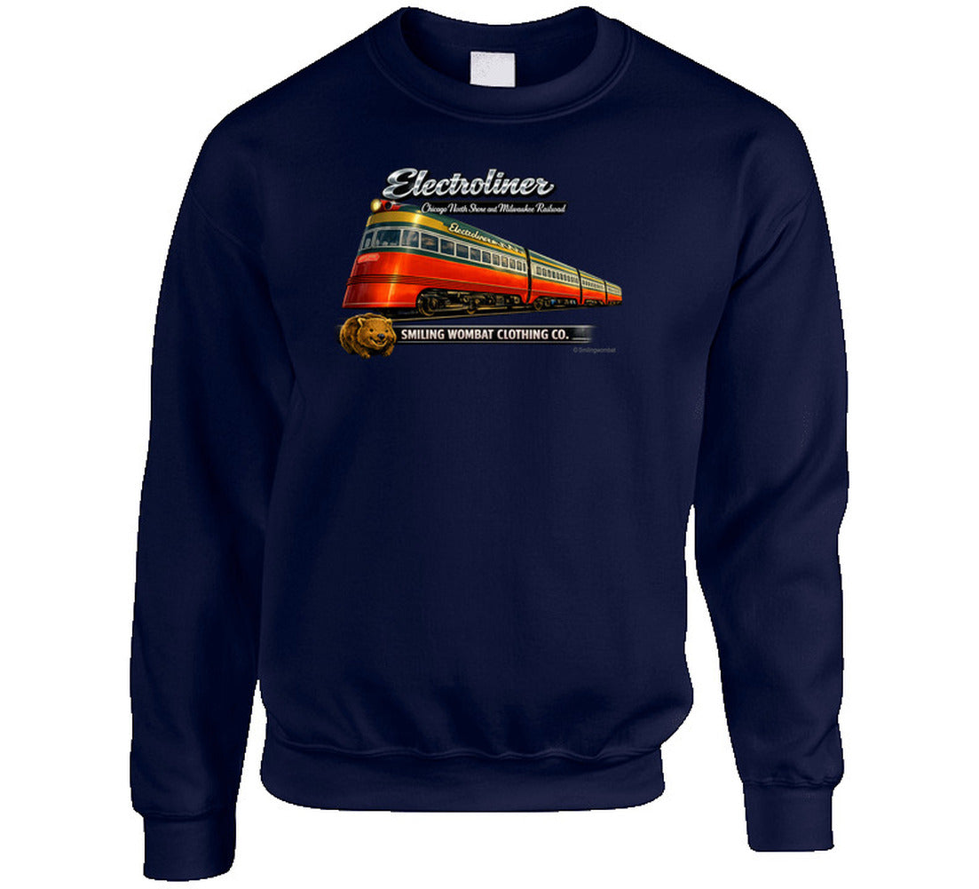 Electroliner vintage railroad graphic Sweatt shirt in Black – Chicago North Shore Line retro design by Smiling Wombat Clothing Co.
