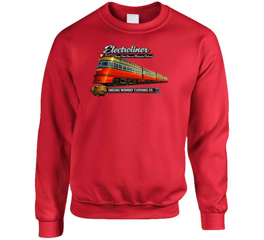 Electroliner Chicago North Shore Railroad Sweat shirt in Red – bold vintage train design by Smiling Wombat Clothing Co.