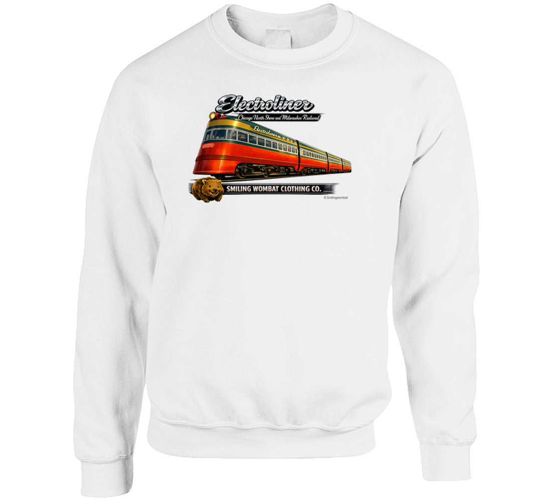 Electroliner Chicago North Shore Milwaukee Railroad vintage graphic Sweat shirt in White with retro train artwork by Smiling Wombat Clothing Co.