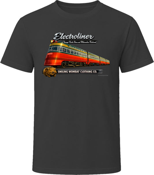  Electroliner vintage railroad graphic T-shirt in Black – Chicago North Shore Line retro design by Smiling Wombat Clothing Co.