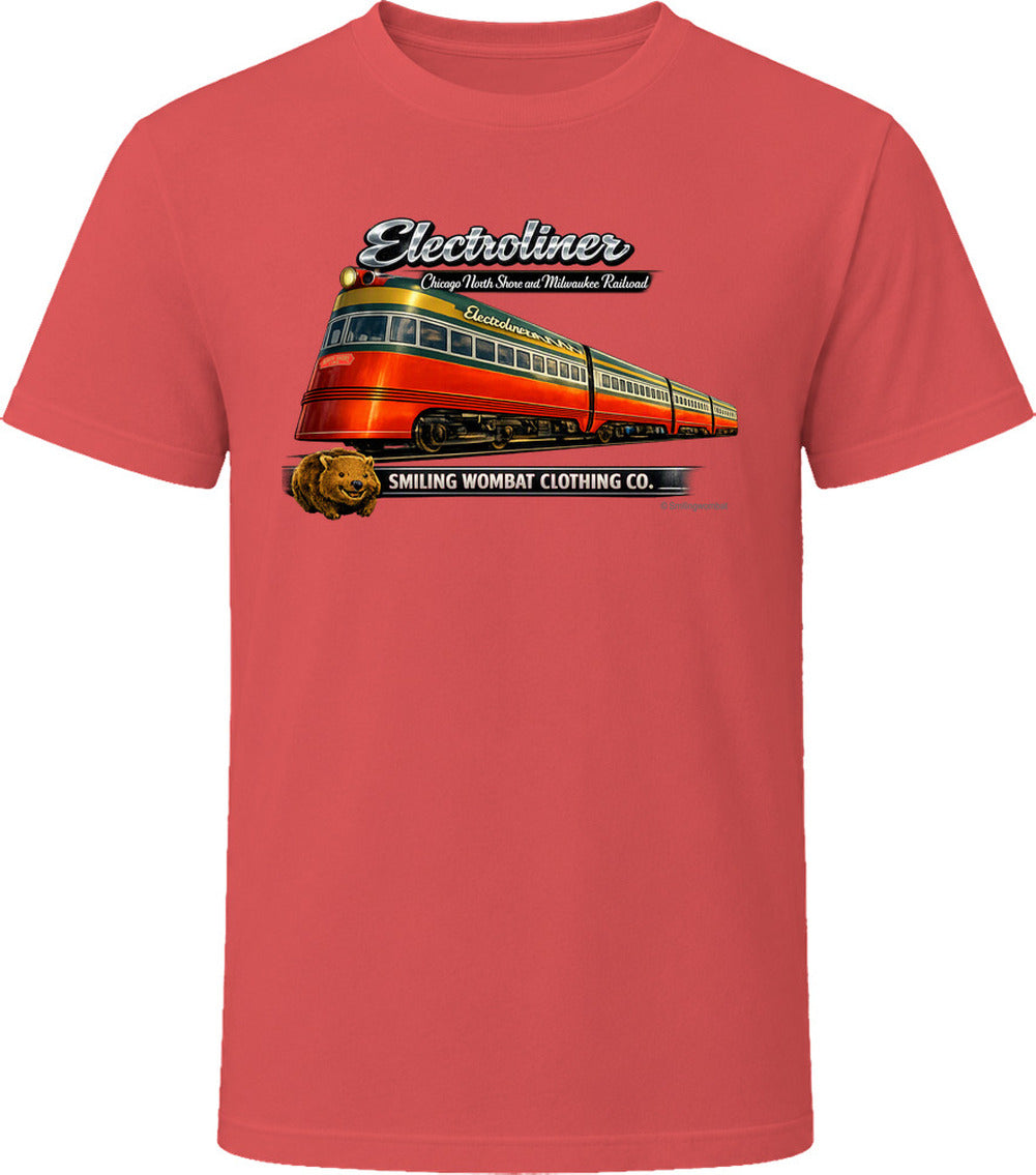 Electroliner Chicago North Shore Railroad T-shirt in Red – bold vintage train design by Smiling Wombat Clothing Co.