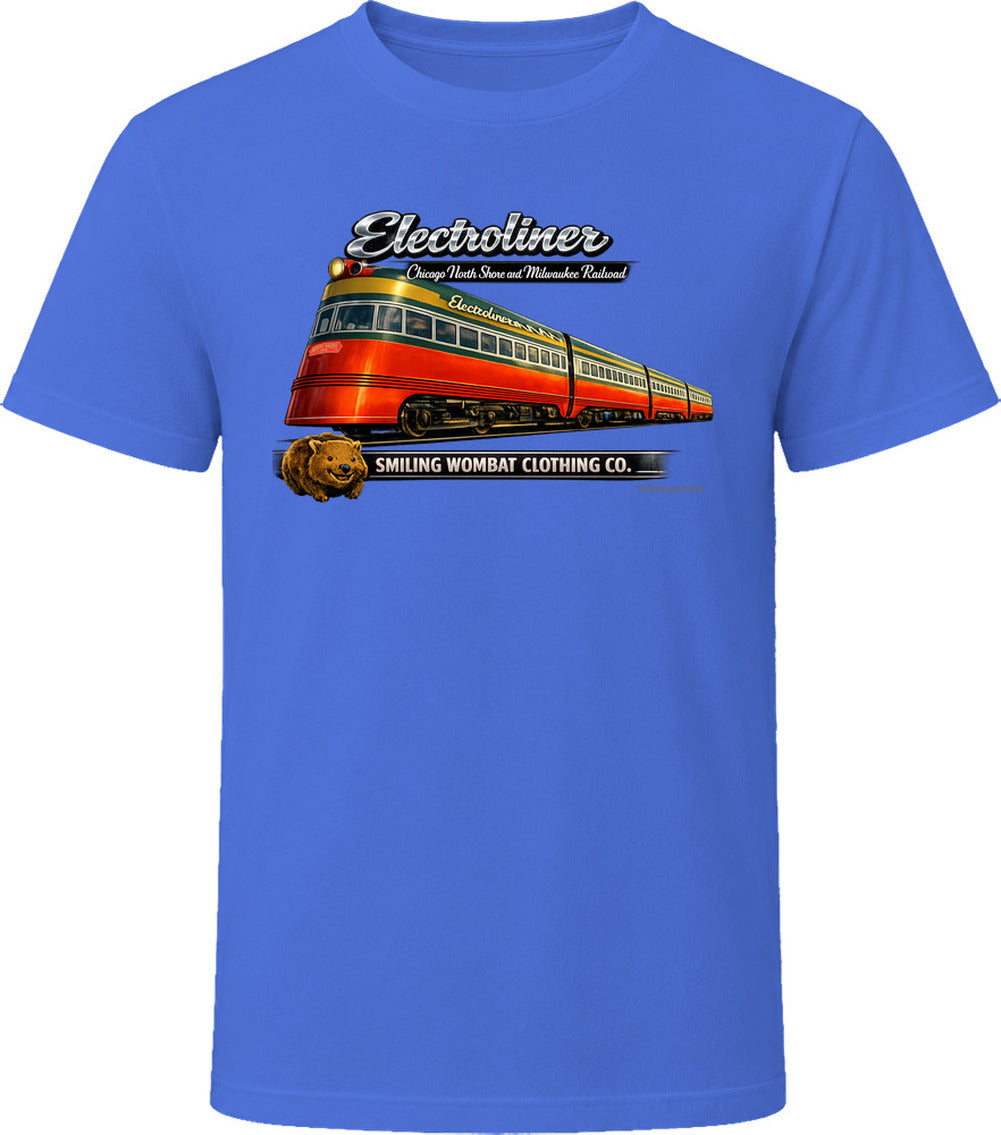  Electroliner vintage train T-shirt in Royal Blue – Chicago to Milwaukee railroad art by Smiling Wombat Clothing Co.