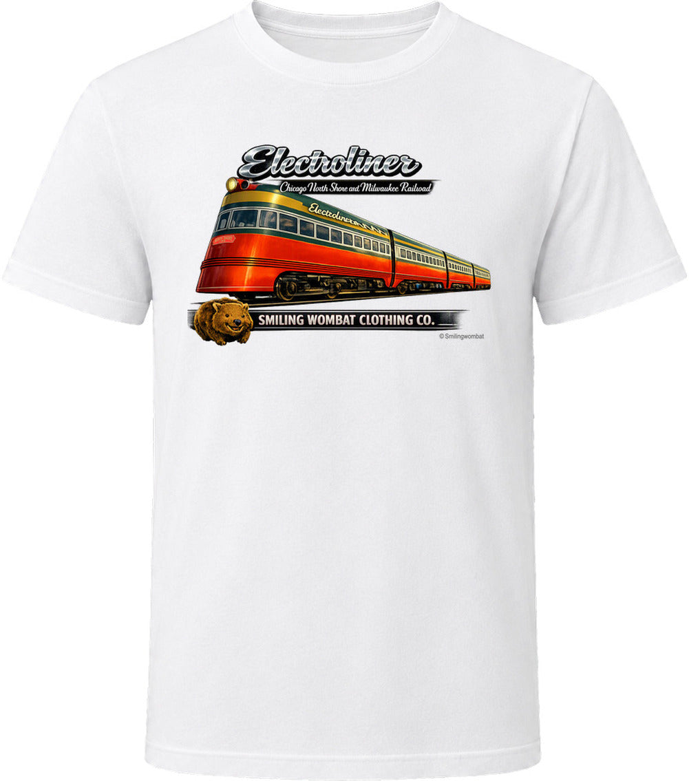 Electroliner Chicago North Shore Milwaukee Railroad vintage graphic T-shirt in White with retro train artwork by Smiling Wombat Clothing Co.