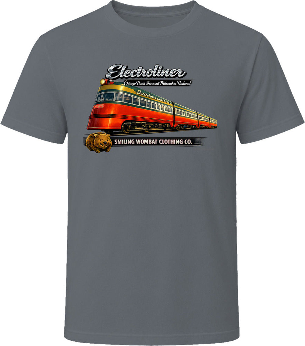 Electroliner vintage railroad graphic T-shirt in Charcoal Grey – classic Chicago Milwaukee train tee by Smiling Wombat Clothing Co.