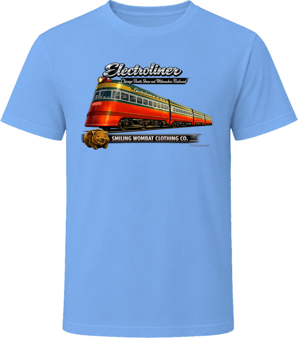 Electroliner North Shore Line graphic T-shirt in Light Blue – retro railroad tee by Smiling Wombat Clothing Co.