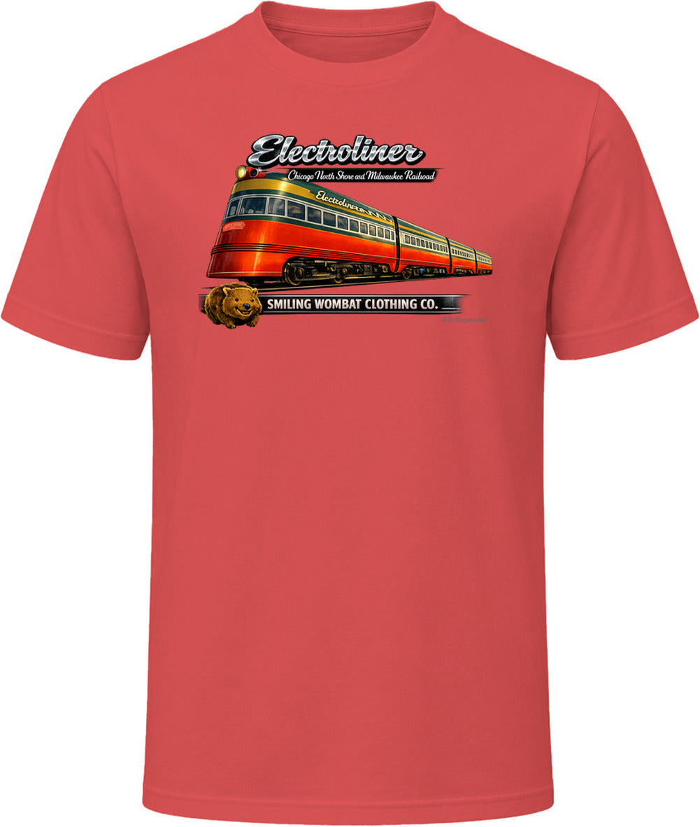 Electroliner Chicago North Shore Railroad T-shirt in Red – bold vintage train design by Smiling Wombat Clothing Co.