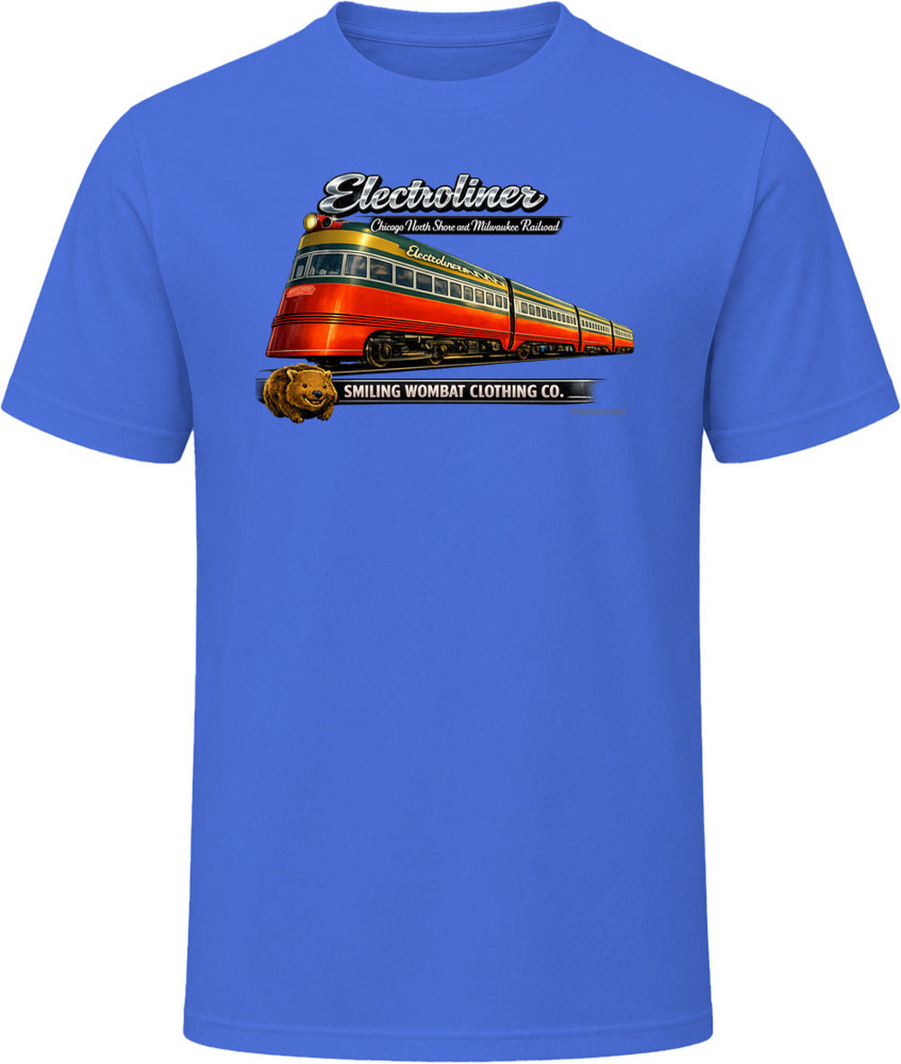  Electroliner vintage train T-shirt in Royal Blue – Chicago to Milwaukee railroad art by Smiling Wombat Clothing Co.