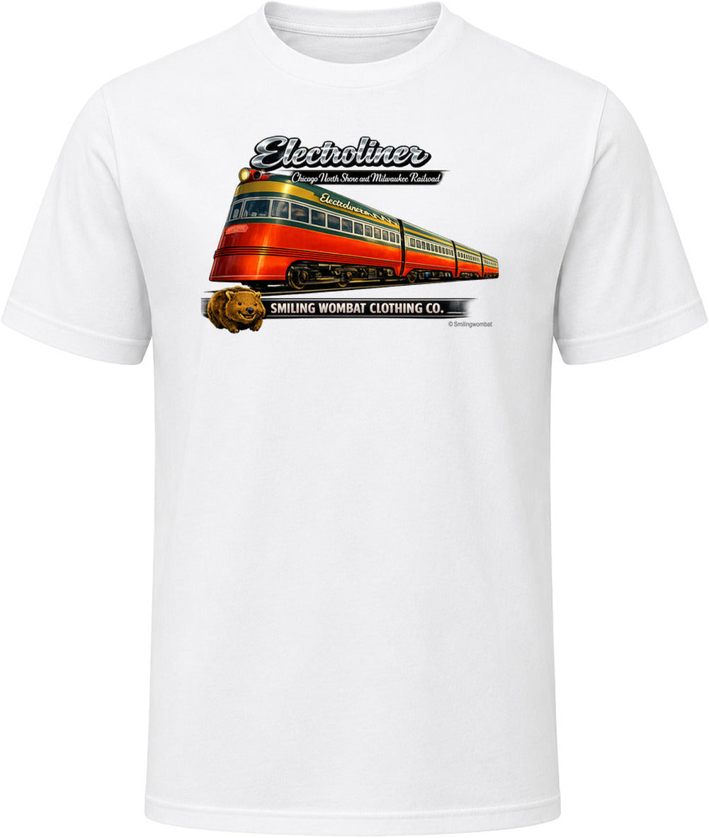 Electroliner Chicago North Shore Milwaukee Railroad vintage graphic T-shirt in White with retro train artwork by Smiling Wombat Clothing Co.