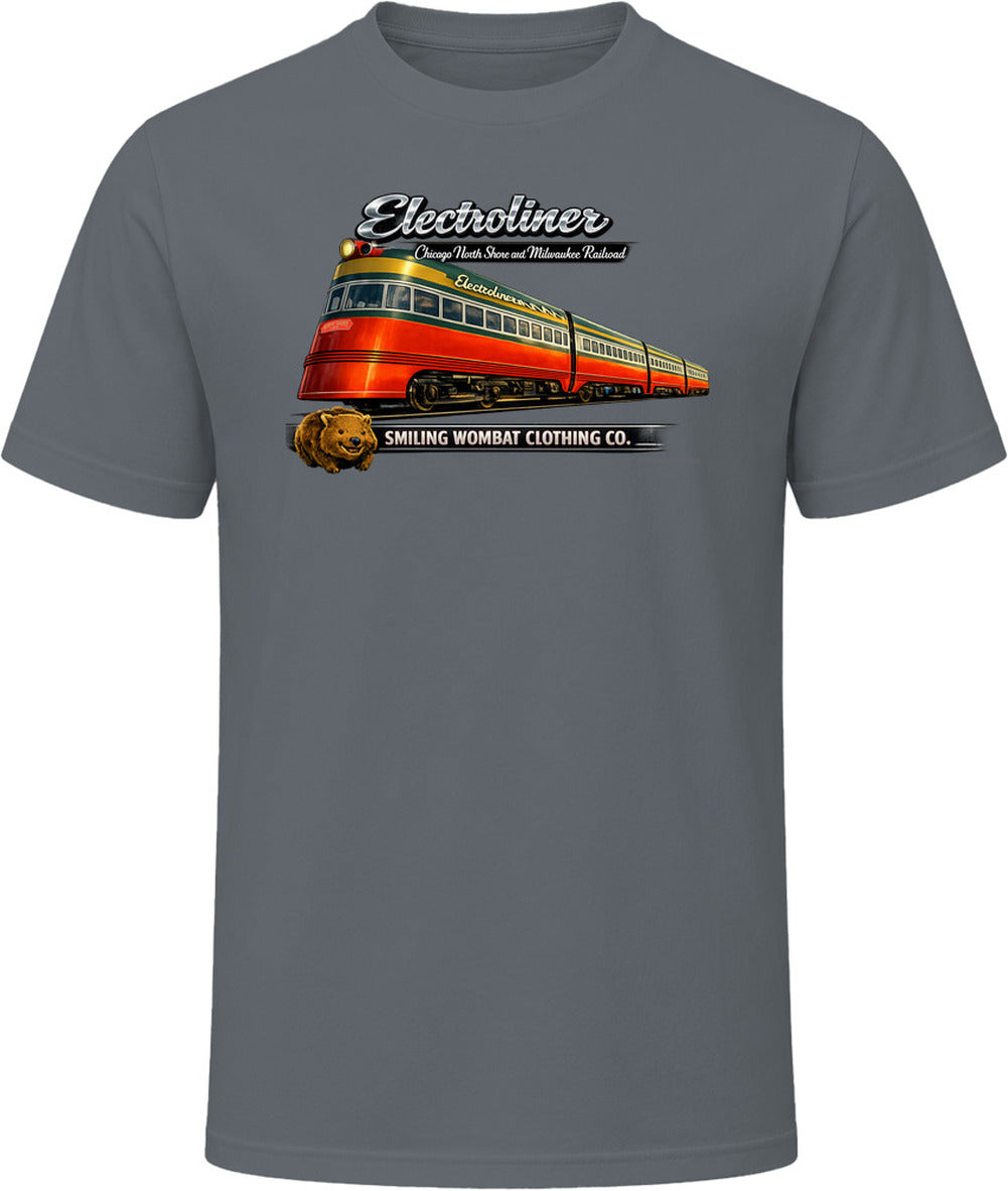 Electroliner vintage railroad graphic T-shirt in Charcoal Grey – classic Chicago Milwaukee train tee by Smiling Wombat Clothing Co.