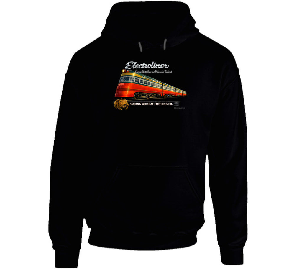 Electroliner vintage railroad graphic Hoodie  in Black – Chicago North Shore Line retro design by Smiling Wombat Clothing Co.