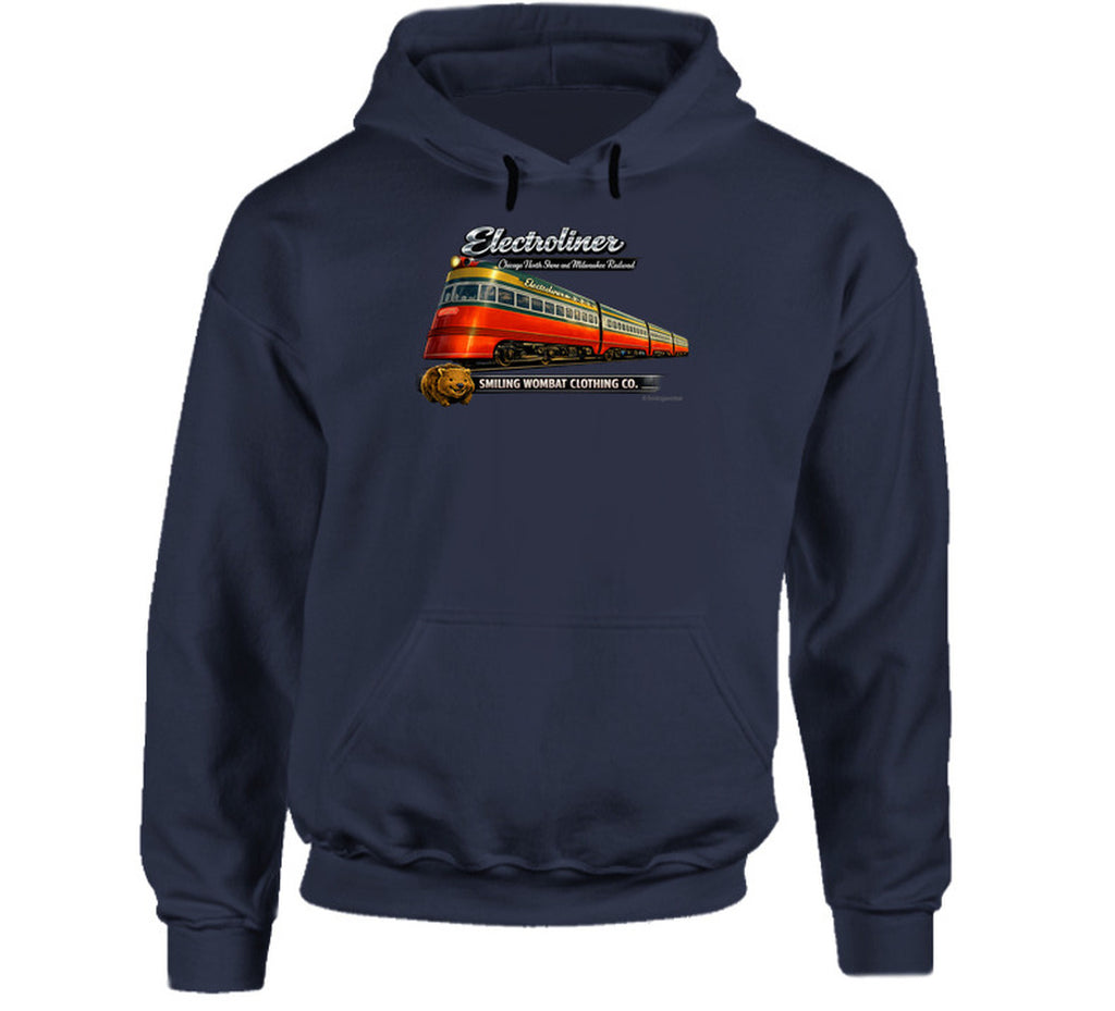 Electroliner Chicago North Shore Railroad Hoodie in Navy – vintage 1940s electric train graphic Hoodie