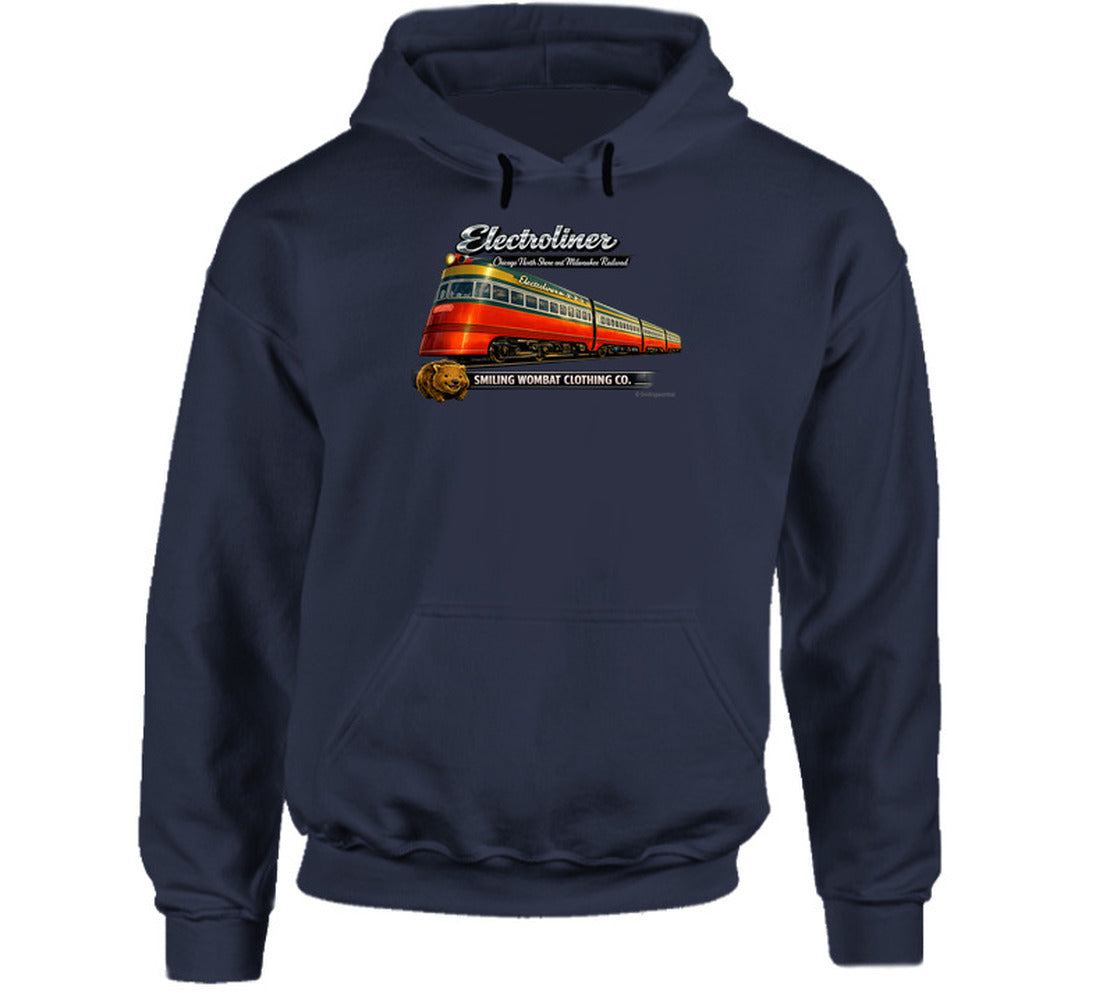 Electroliner Chicago North Shore Railroad Hoodie in Navy – vintage 1940s electric train graphic Hoodie