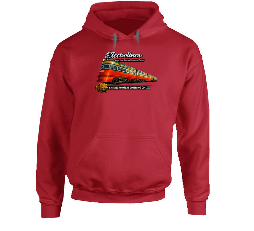 Electroliner Chicago North Shore Railroad Hoodie in Red – bold vintage train design by Smiling Wombat Clothing Co.