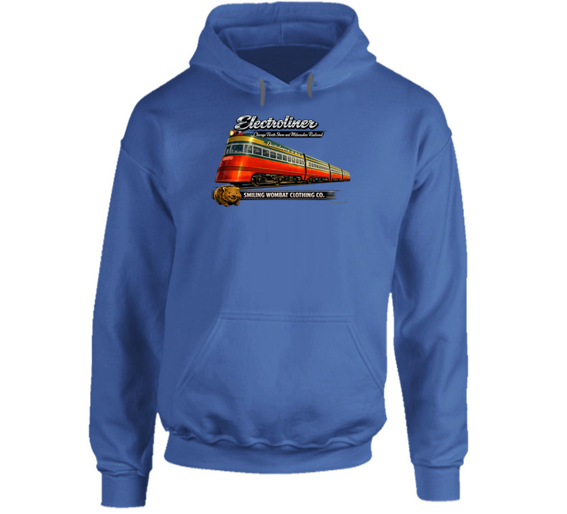 Electroliner vintage train Hoodie  in Royal Blue – Chicago to Milwaukee railroad art by Smiling Wombat Clothing Co.