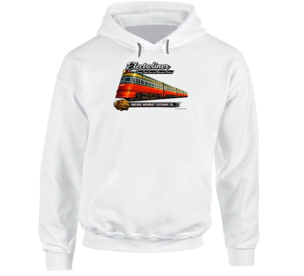 Electroliner Chicago North Shore Milwaukee Railroad vintage graphic Hoodie in White with retro train artwork by Smiling Wombat Clothing Co.